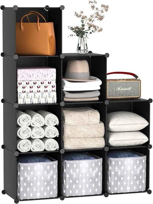 C&AHOME Cube Storage, 9-Cube Bookshelf, Plastic Closet Cabinet Organizer, DIY Stackable Bookcase, Modular Shelving Units Ideal for Home, Office, Kids Room, 36.6" L x 12.4" W x 48.4" H Black SHS3009A
