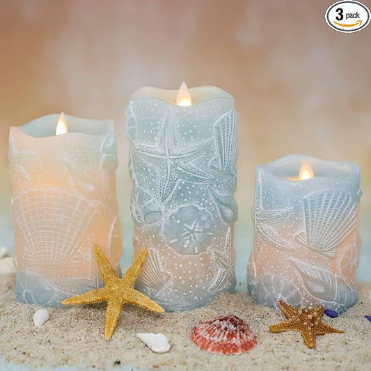 Silverstro Ocean Flameless Candles Remote Carved Seashell Real Wax Flicker Battery Operated Candles for Home Party Wedding Nautical Thanksgiving Christmas Easter Decor - Set of 3(Blue)