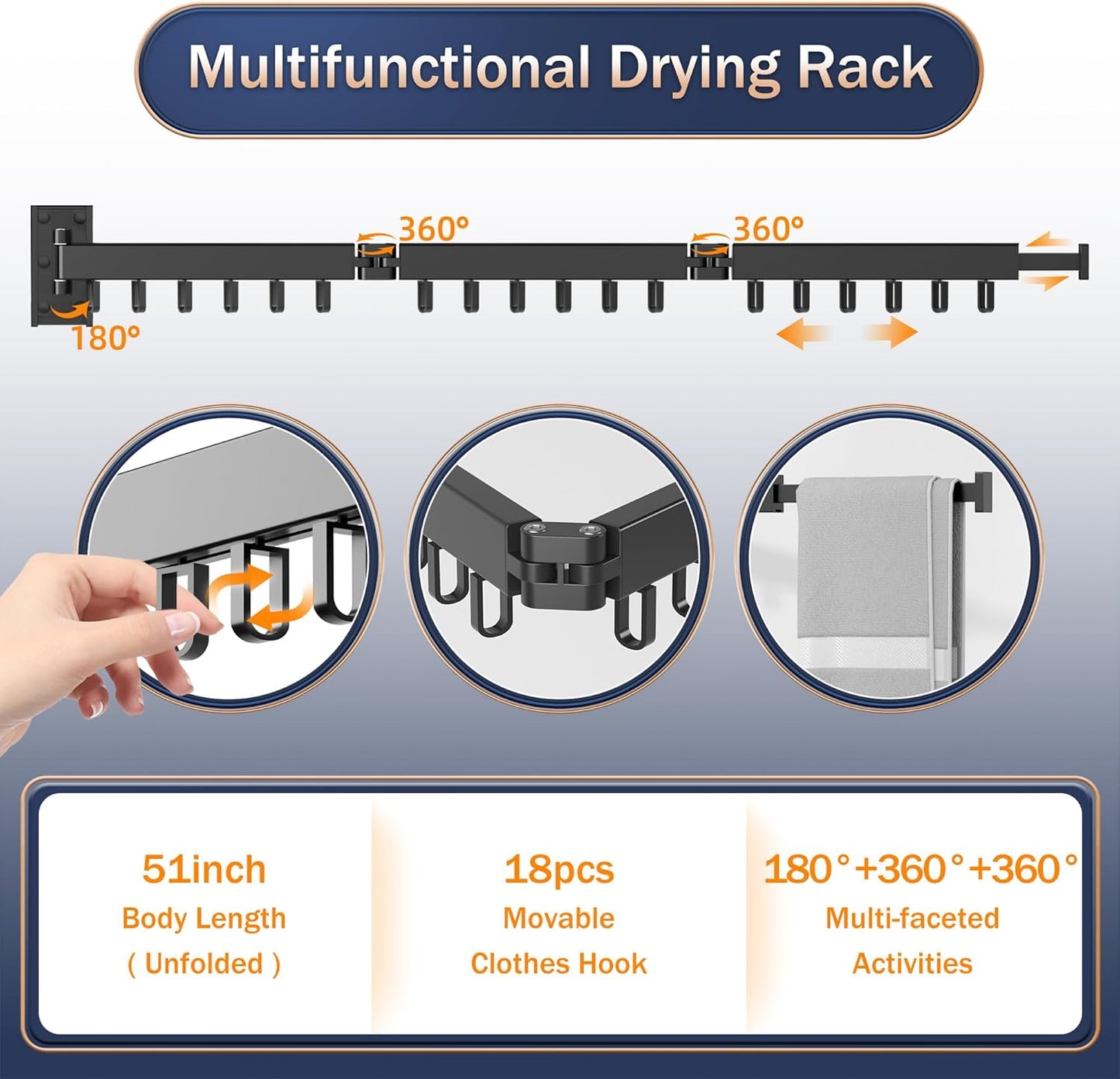Space Saver Clothes Drying Rack, Wall Mounted, Retractable, Collapsible(Tri-Fold), for Balcony, Bathroom, Black Color - NestledHome