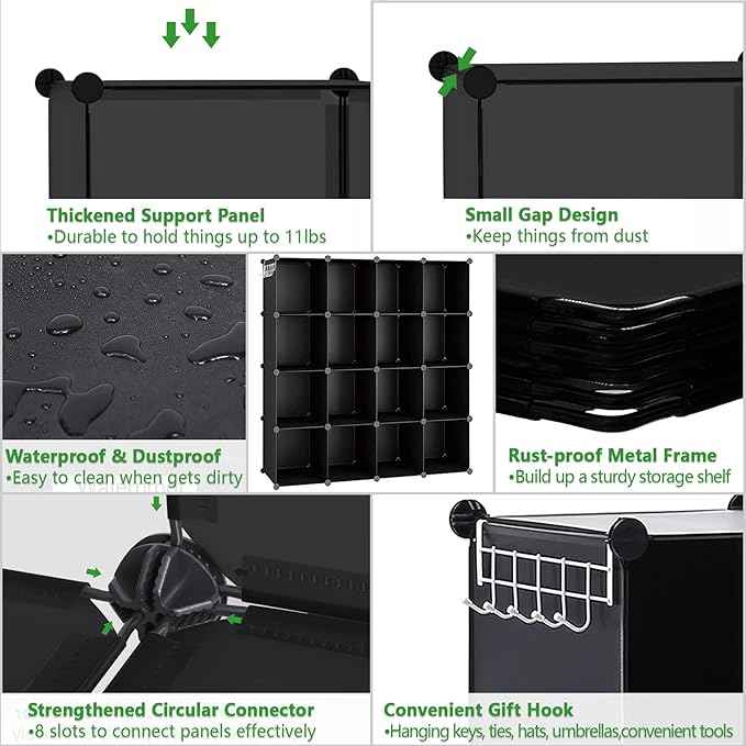 C&AHOME Cube Storage Organizer, 16-Cube Shelves Units, Plastic Storage Cubes, DIY Closet Organizer, Modular Closet Storage Shelves Ideal for Home, Bedroom, 48.4" L × 12.4" W × 48.4" H Black SUM3016H