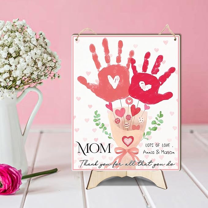 Mom Pink Floral Bouquet DIY Baby Handprints Art Craft Handprint Making Sign, Mothers Day Handprint Hanging, Mother's Day Birthday Gift from Kids Toddler Baby Gift for Mom, Children Toddler Keepsake