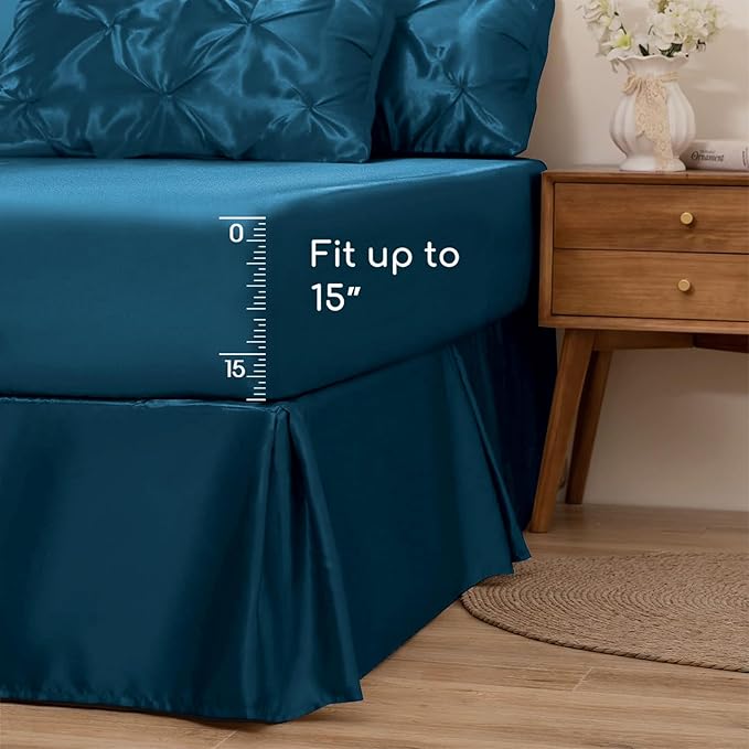 MR&HM Satin Comforter King 7 Pieces - Luxurious Pinch Pleat Bedding Set with Comforter, Flat Sheet, Fitted Sheet, Pillowcases & Shams, Super Silky Soft Bed Set for All Season (King, Teal)