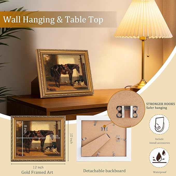 uniro Vintage Gold Framed Wall Art for Home Decor, Farmhouse Wall Decor Horse Canvas Artwork, Antique Animal Farm Poster Equestrian Wall Art for Nursery Wall Decor, Rustic Horse Aesthetic Picture for Bathroom, Living Room, Desktop decor - 8x10Inch