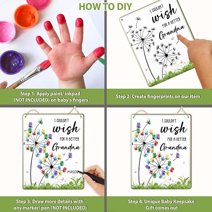 Dandelion DIY Fingerprint Art Hanging Sign, Mothers Day Fingerprints Craft, Baby's First Finger Print Mother's Day Mom Gifts, Project Memory Keepsake Kids Activity PreK Preschool (Wish Mom) -26