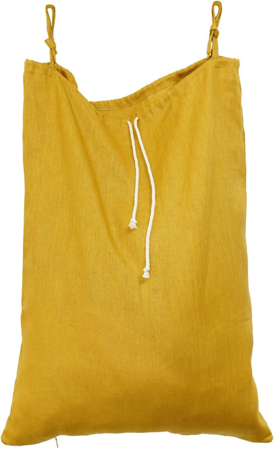 Linen Hanging Laundry Bag, Over The Door Laundry Hamper for Dirty Clothes, Drawstring Closure with Bottom Zipper, Turmeric - NestledHome