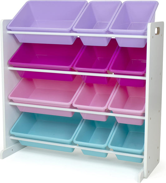 Humble Crew Kids Toy Storage Organizer with 12 Plastic Bins, White/Pink/Purple/Turquoise – Removable Bins for Playroom, Bedroom, Toddler Furniture for Boys and Girls Ages - NestledHome