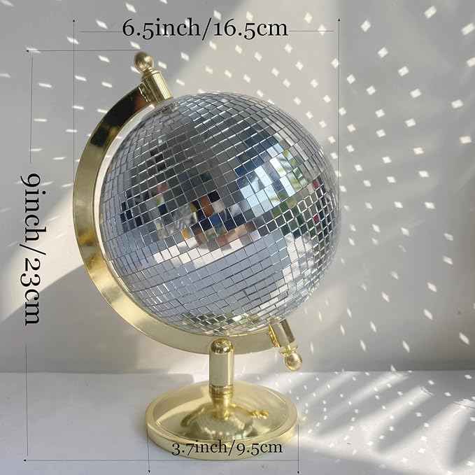 Disco Ball Globe Home Decor Statues Classic Tabletop Art Sculpture Gold Discoball Unique Western Modern Decorative Aesthetic Sculptures, 6.5" x 6" x 9",Bright Gold