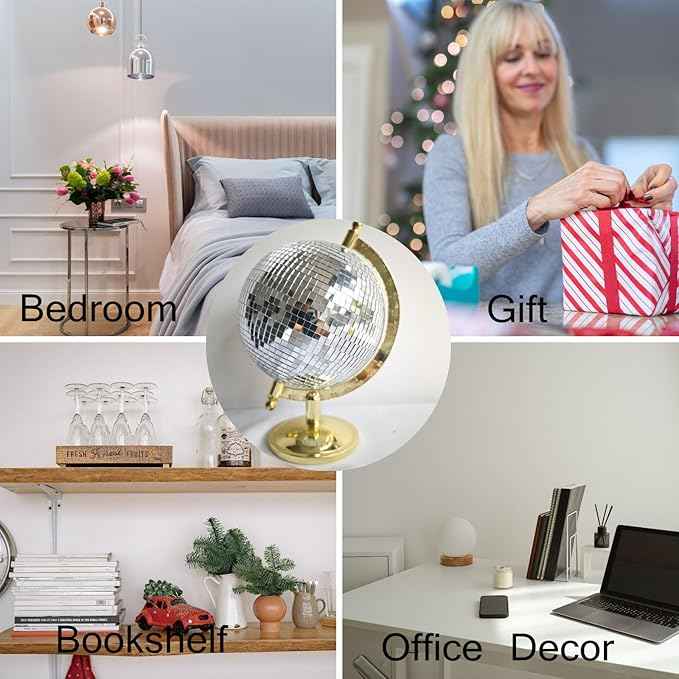 Disco Ball Globe Home Decor Statues Classic Tabletop Art Sculpture Gold Discoball Unique Western Modern Decorative Aesthetic Sculptures, 6.5" x 6" x 9",Bright Gold