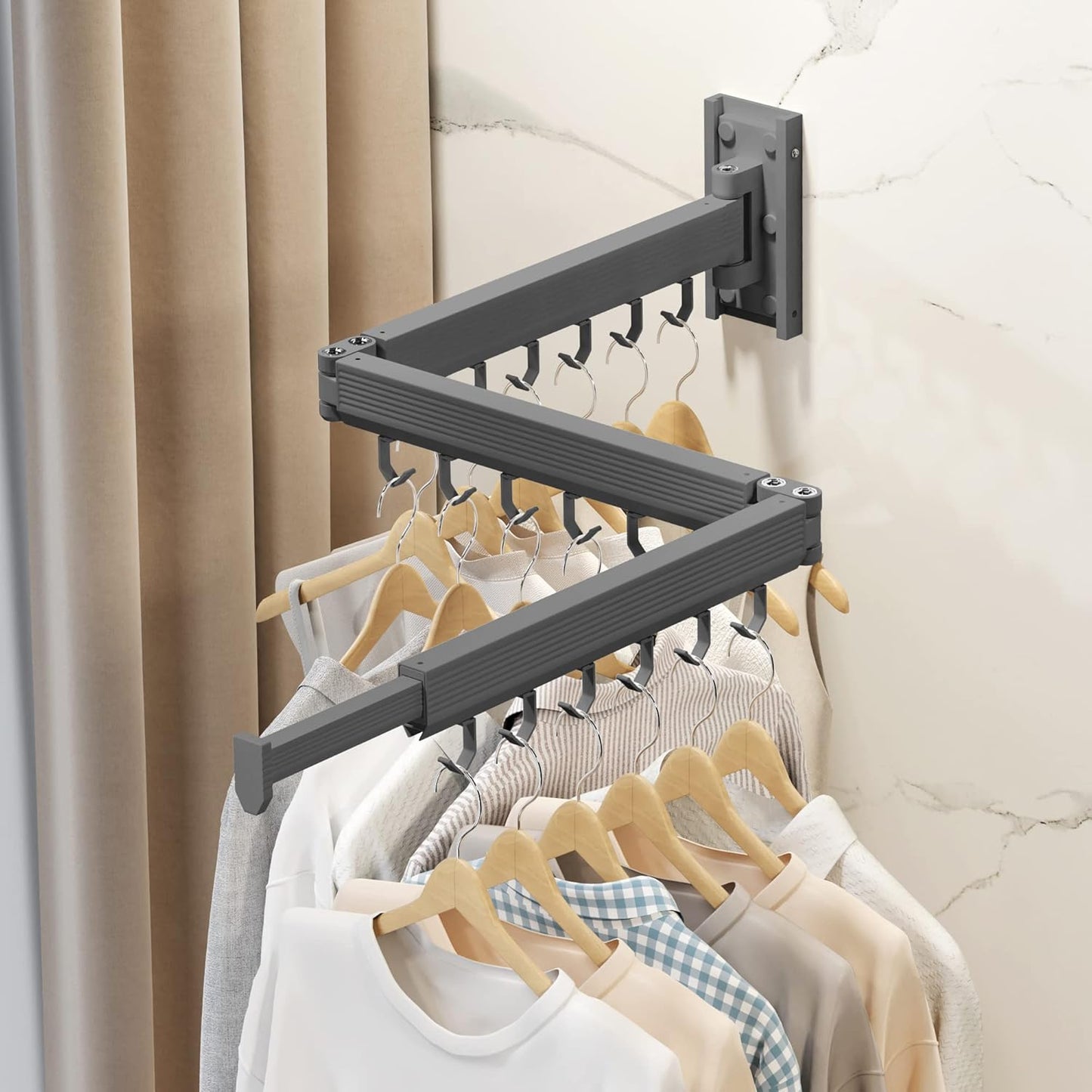 Wall Mounted Clothes Drying Rack,Laundry Drying Rack Wall Mount,Clothes Hanger,Drying Rack Clothing,Retractable Laundry Rack for Hanging Clothes,Collapsible,Foldable,Grey-Hooks - NestledHome