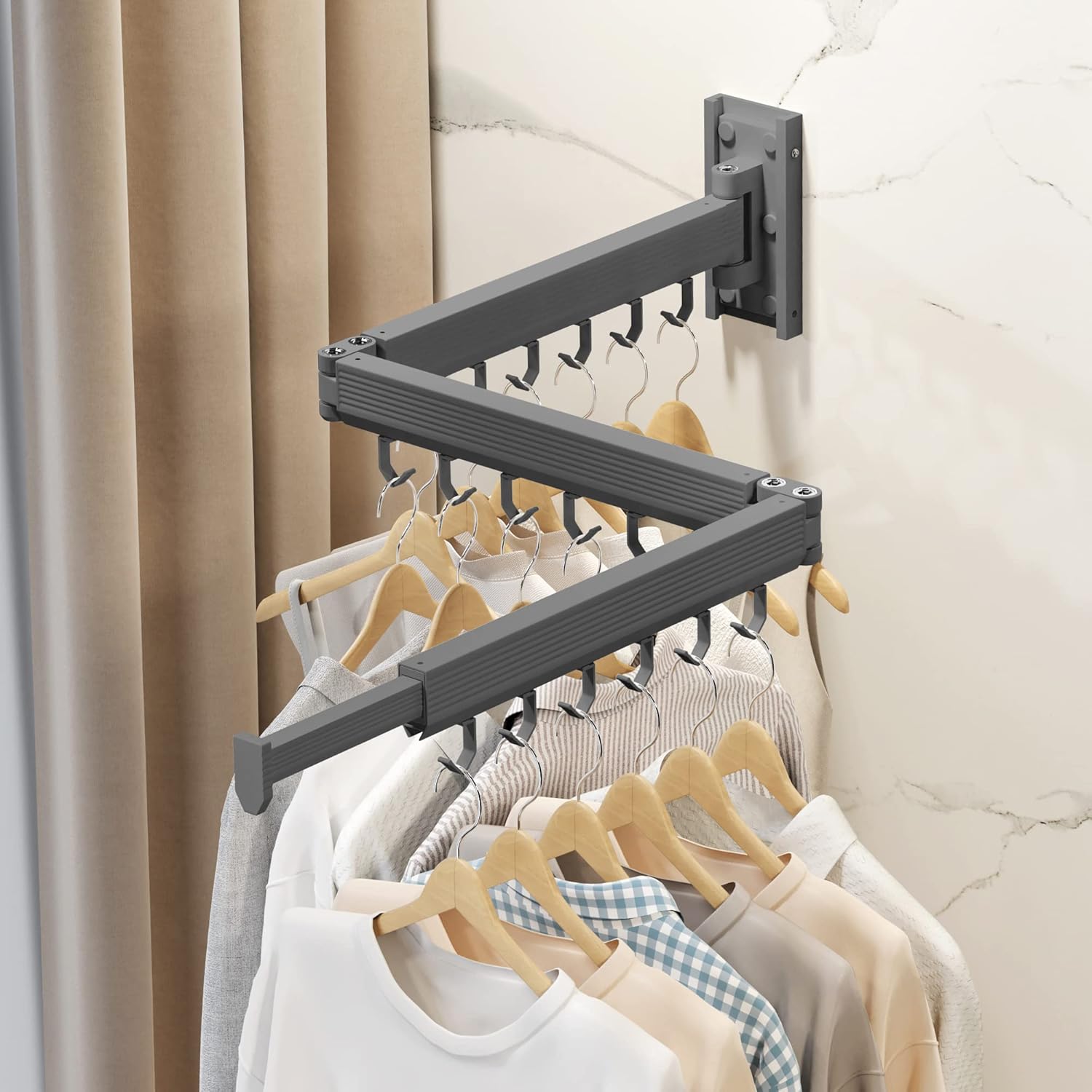 Wall Mounted Clothes Drying Rack,Laundry Drying Rack Wall Mount,Clothes Hanger,Drying Rack Clothing,Retractable Laundry Rack for Hanging Clothes,Collapsible,Foldable,Grey-Hooks - NestledHome
