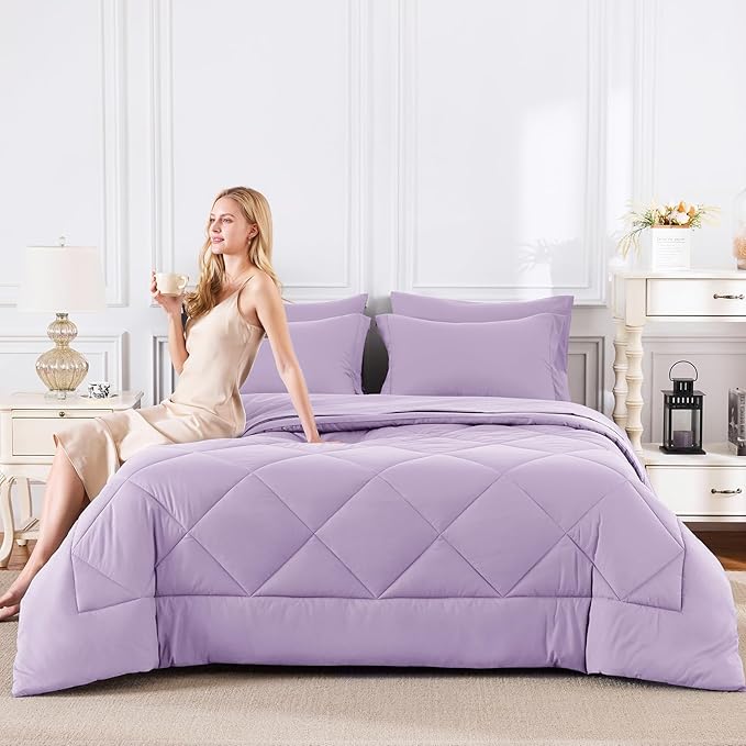 CozyLux Queen Comforter Set Light Purple - Bed in a Bag Queen Size 7 Pieces, Luxury Soft Lavender Bed Set for All Seasons, Bedding Set with Down Alternative Comforter, Sheets, Pillowcases & Shams