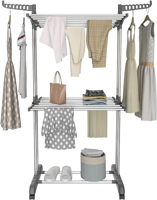 Bigzzia 3 Tier Clothes Drying Rack, 57 Inch Laundry Drying Rack, Foldable Stainless Steel Kids Clothing Rack, Movable Laundry Rack for Indoor Outdoor - Grey - NestledHome