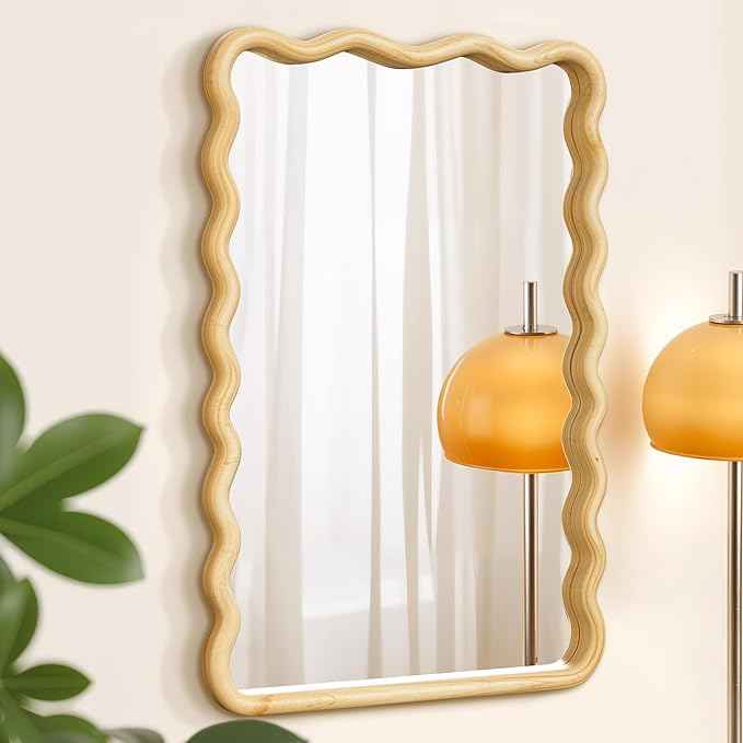 24x36 Wavy Wood Bathroom Vanity Mirror, Boho Wall Mirror with Natural Wood Frame for Over Sink, Entryway, Bedroom