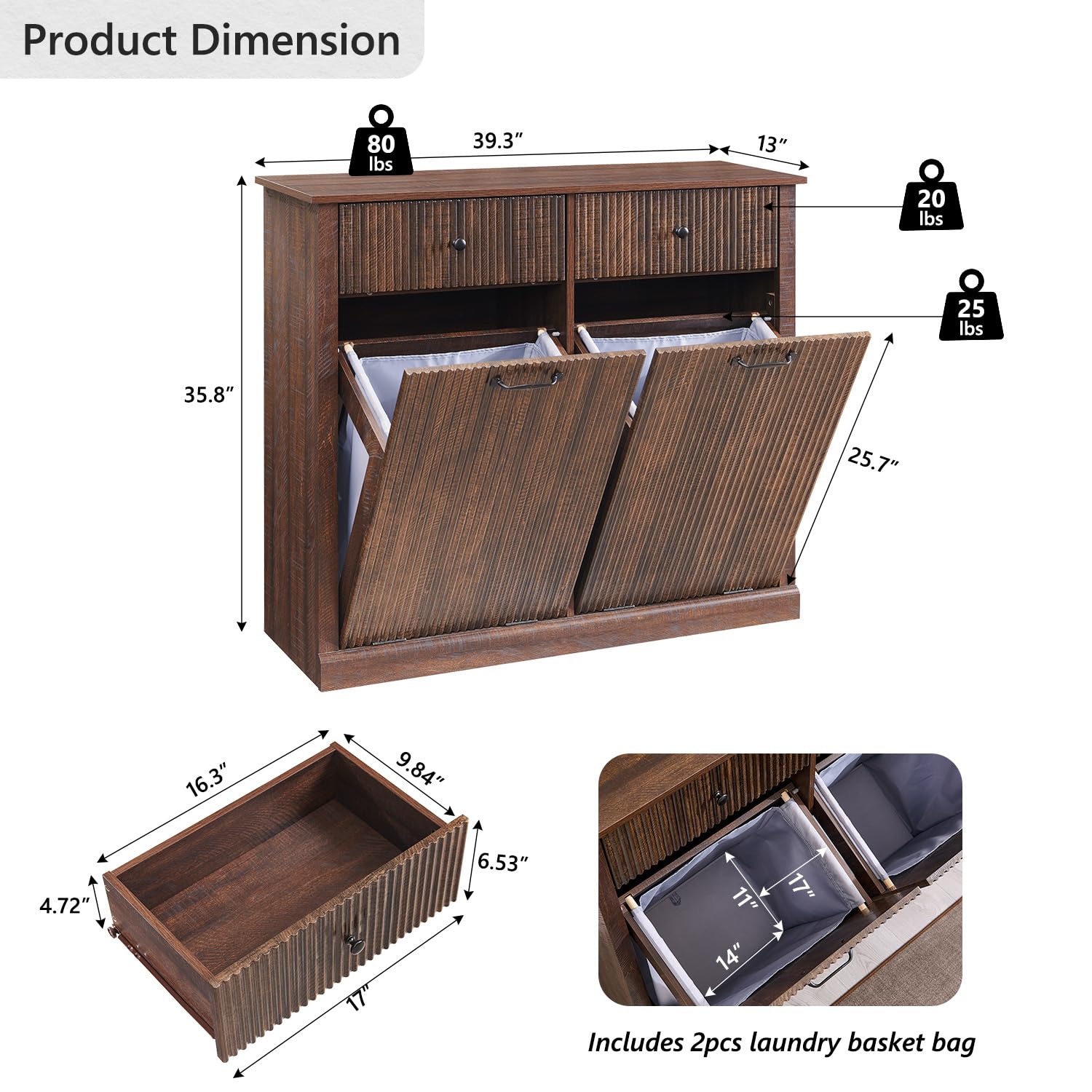 Modern Double Tilt-Out Trash Cabinet, 20 Gallon Fluted Laundry Hamper Cabinet with 2 Drawers, Wooden Hidden Garbage Can Cabinet w/Storage Basket,Free Standing for Kitchen & Living Room, Brown - NestledHome