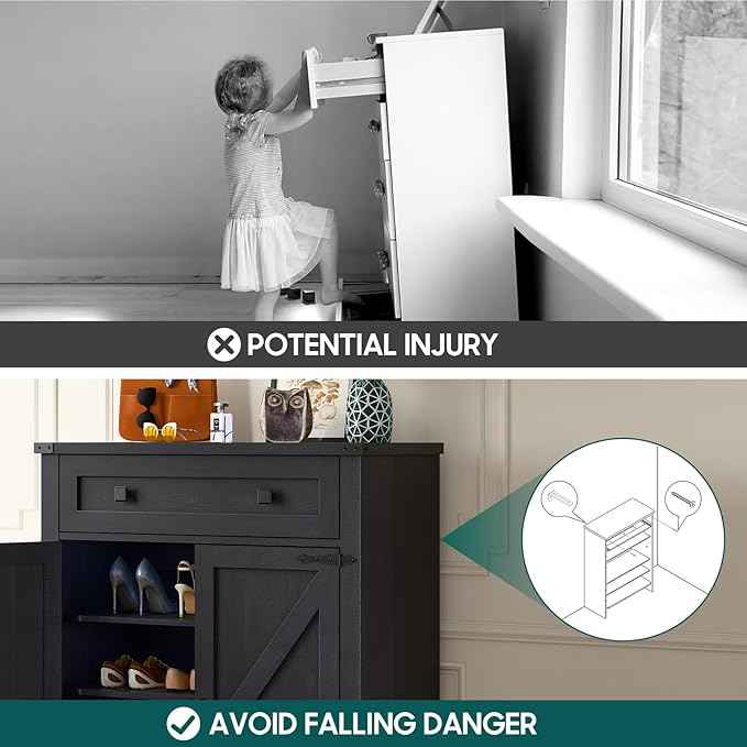 Vabches Shoe Storage Cabinet, 5-Tier Farmhouse Shoe Cabinet with Adjustable Shelves & Drawer, Wooden Shoes Rack Cabinets Storage Organizer with Doors for Entryway, Hallway, Closet, Living Room, Black