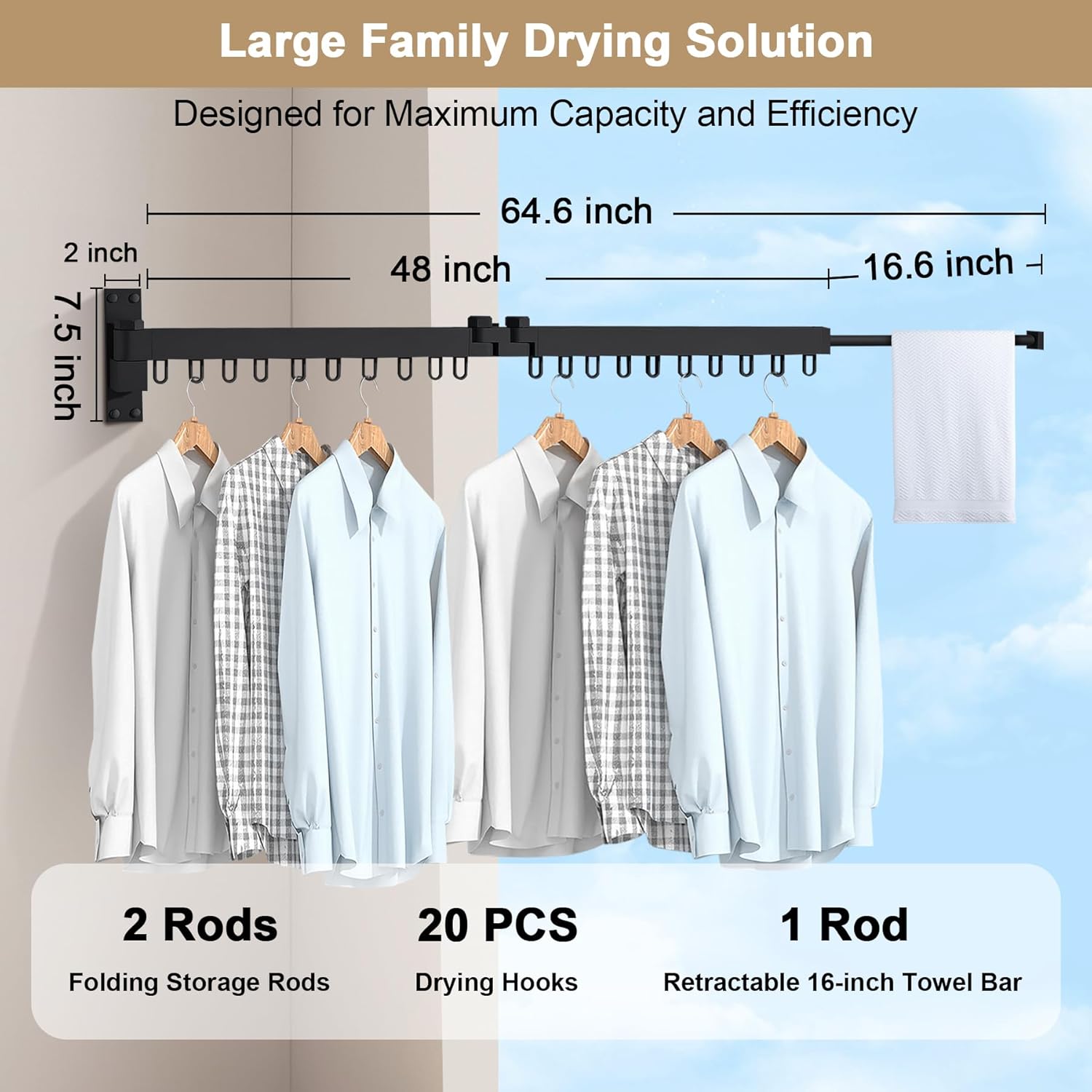 Bakala Clothes Drying Rack Foldable, Laundry Drying Rack Clothing Wall Mounted, Clothing Racks for Hanging Clothes, Heavy-duty Space Saving Hanger,Retractable,Expandable,Collapsible, 64" (Hooks,Black) - NestledHome
