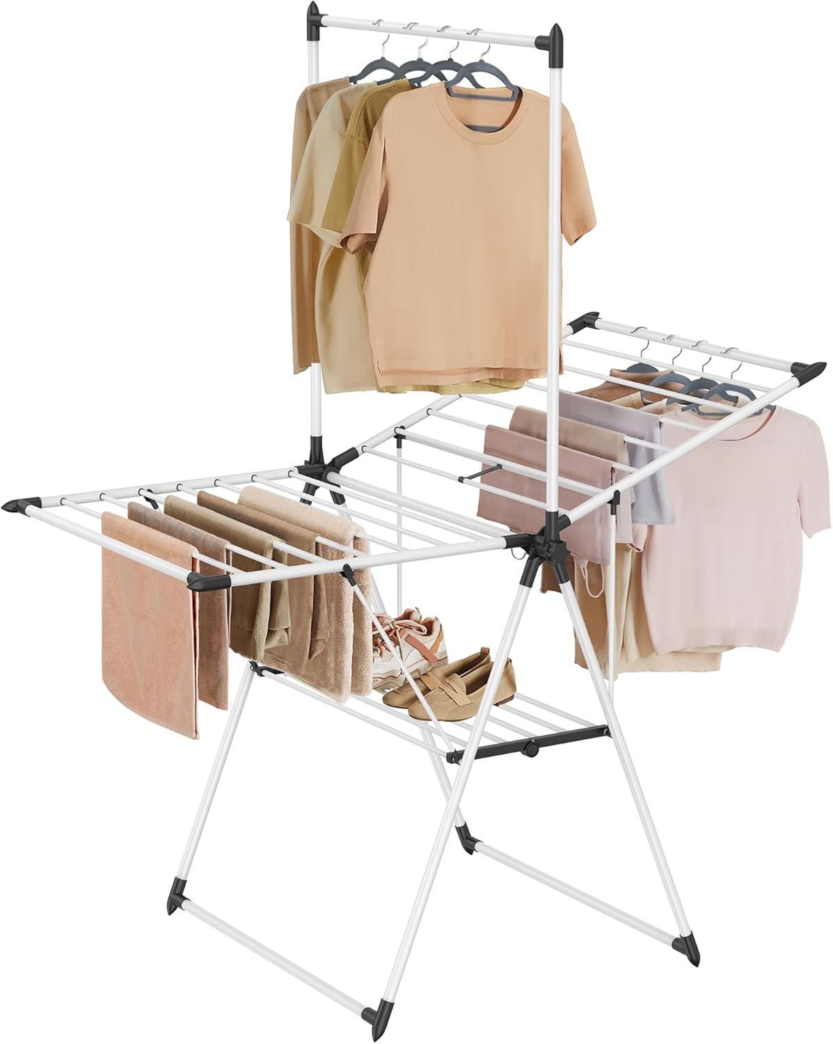SONGMICS Clothes Drying Rack, Foldable 2-Level Laundry Drying Rack, Free-Standing Airer, 1 Additional Tall Hanging Bar, 2 Height-Adjustable Wings, 24 Drying Rails, Space Savng, Simply White ULLR521W01 - NestledHome