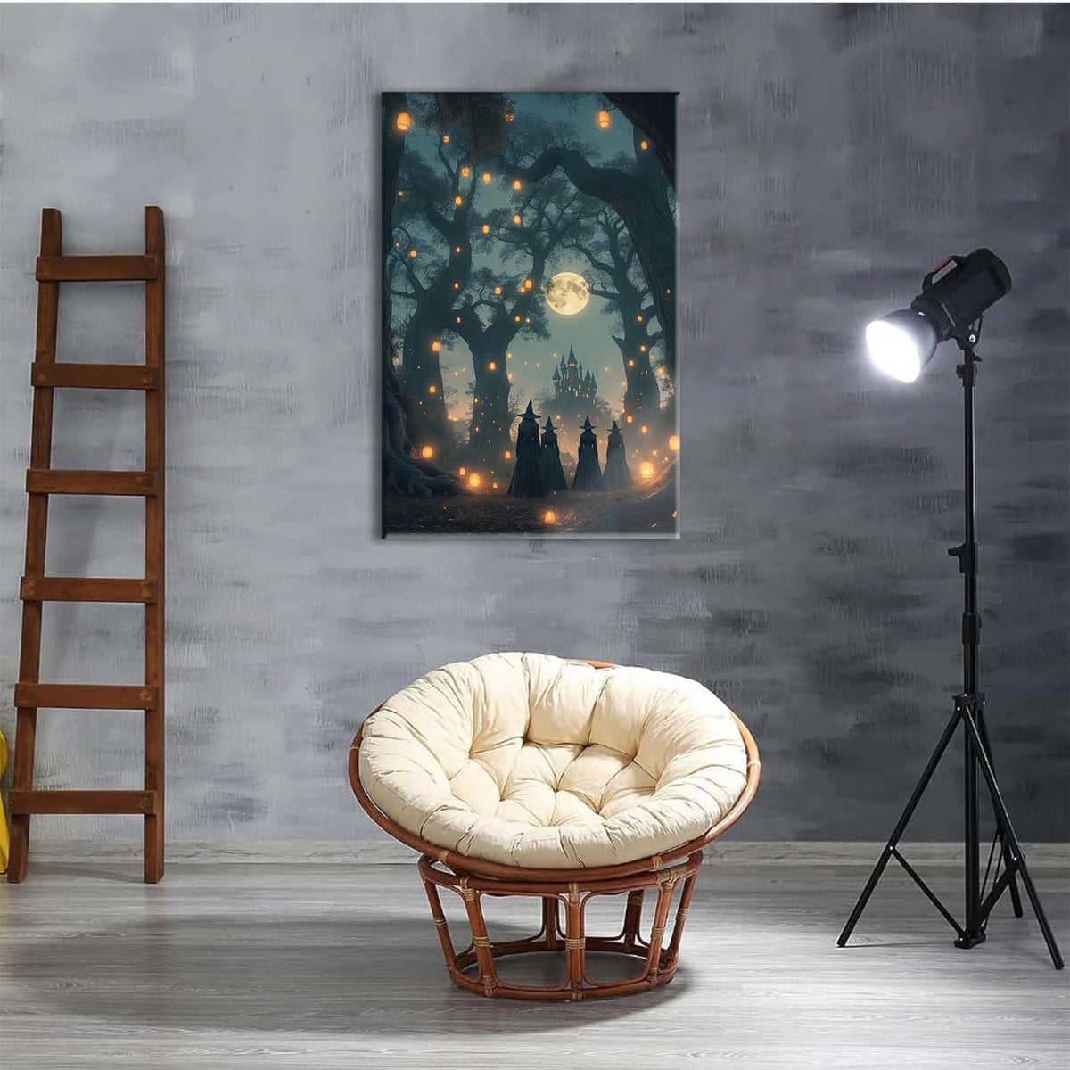 Mysterious creek painting witch and castle in magic forest art print canvas gothic print dark college decoration poster for home bedroom28x40in Wood Framed