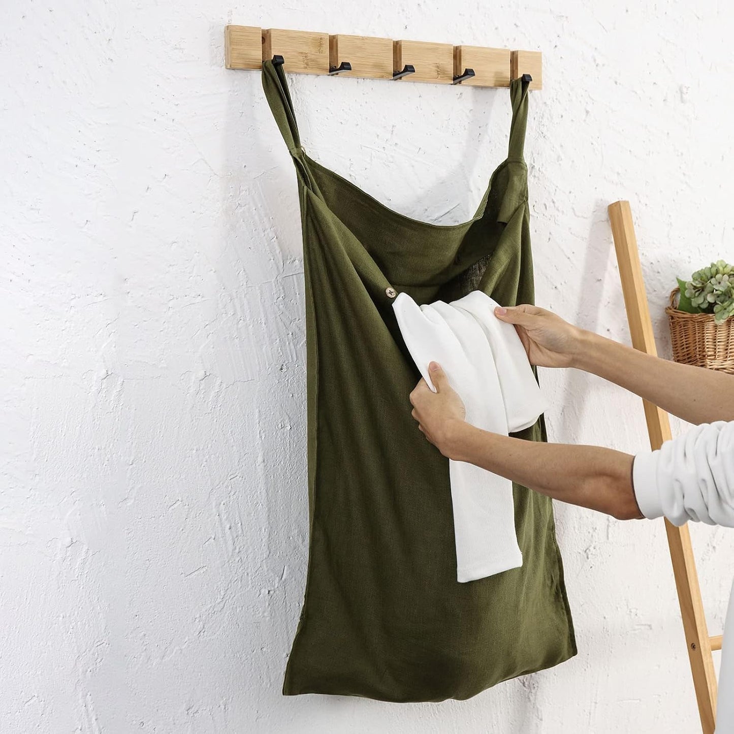 Linen Hanging Laundry Bag, 100% Linen Over The Door Laundry Hamper with Buttons and Zipper, Space Saving Door Hampers for Laundry Dirty Clothes Home Travel, Green - NestledHome