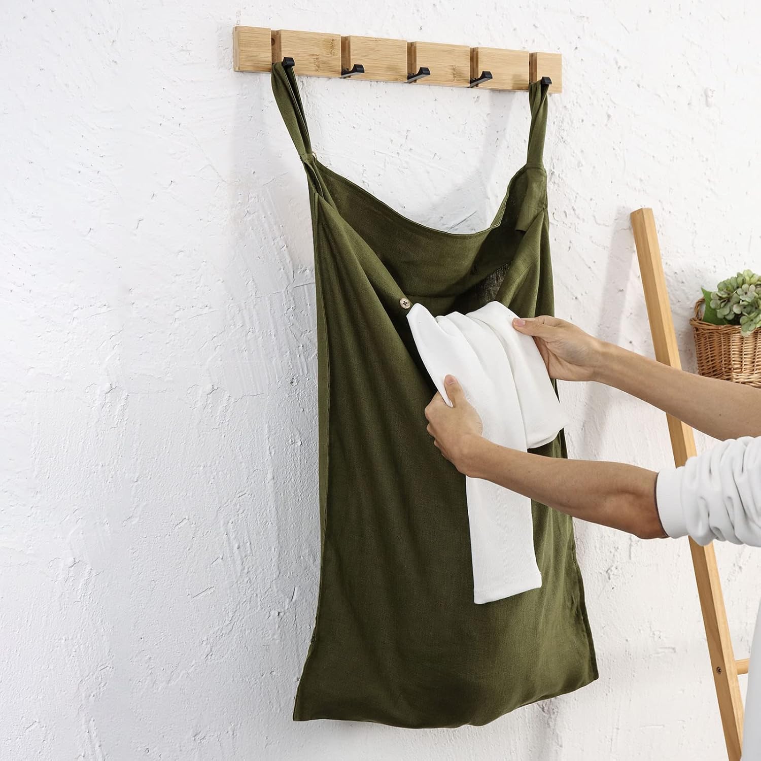 Linen Hanging Laundry Bag, 100% Linen Over The Door Laundry Hamper with Buttons and Zipper, Space Saving Door Hampers for Laundry Dirty Clothes Home Travel, Green - NestledHome