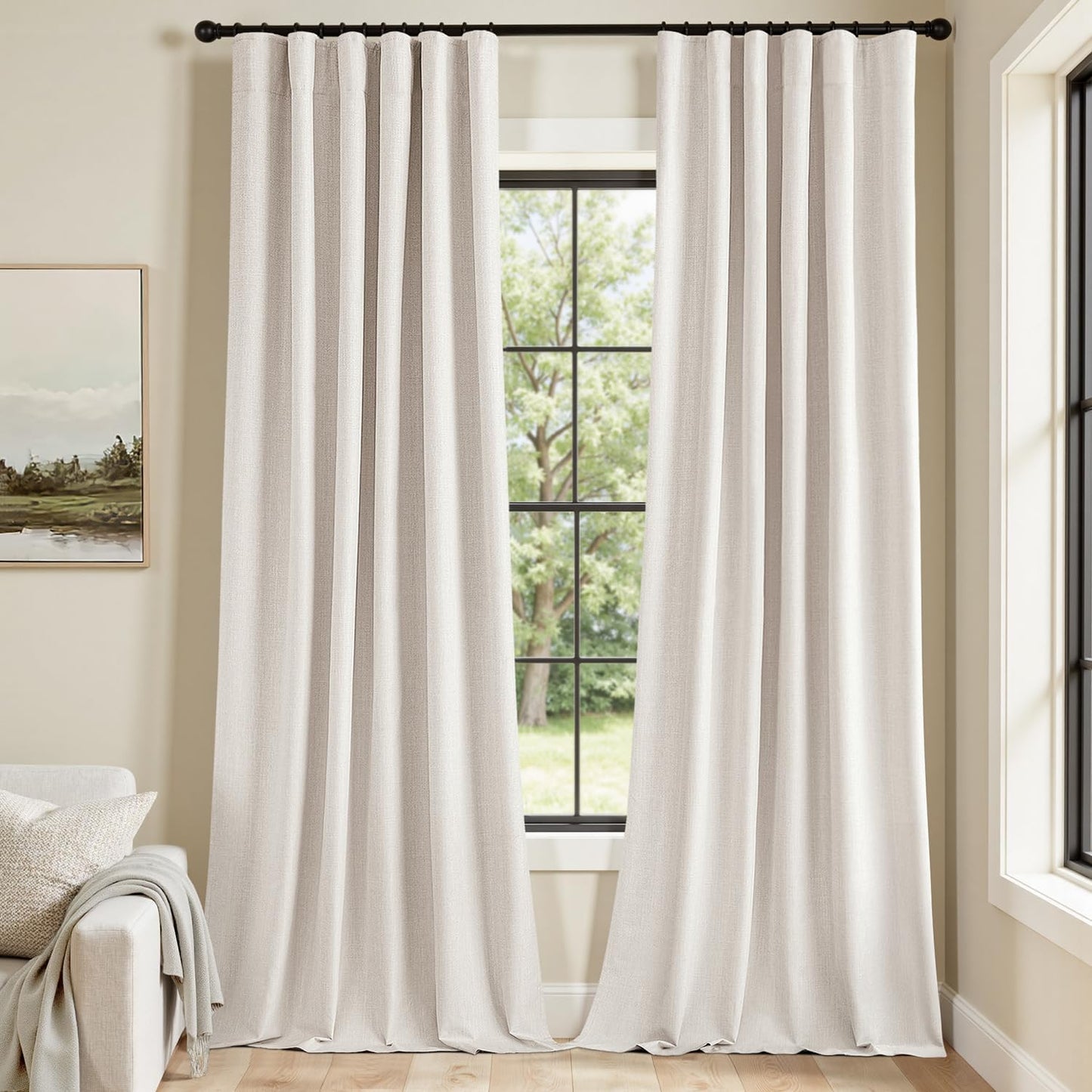 MIULEE 100% Blackout Curtains 96 Inch Long 2 Panels for Bedroom, Thick Faux Linen Black Out Curtain Room Darkening Back Tab Pleat Floor to Ceiling Window Drapes with Hooks for Living Room, Ivory