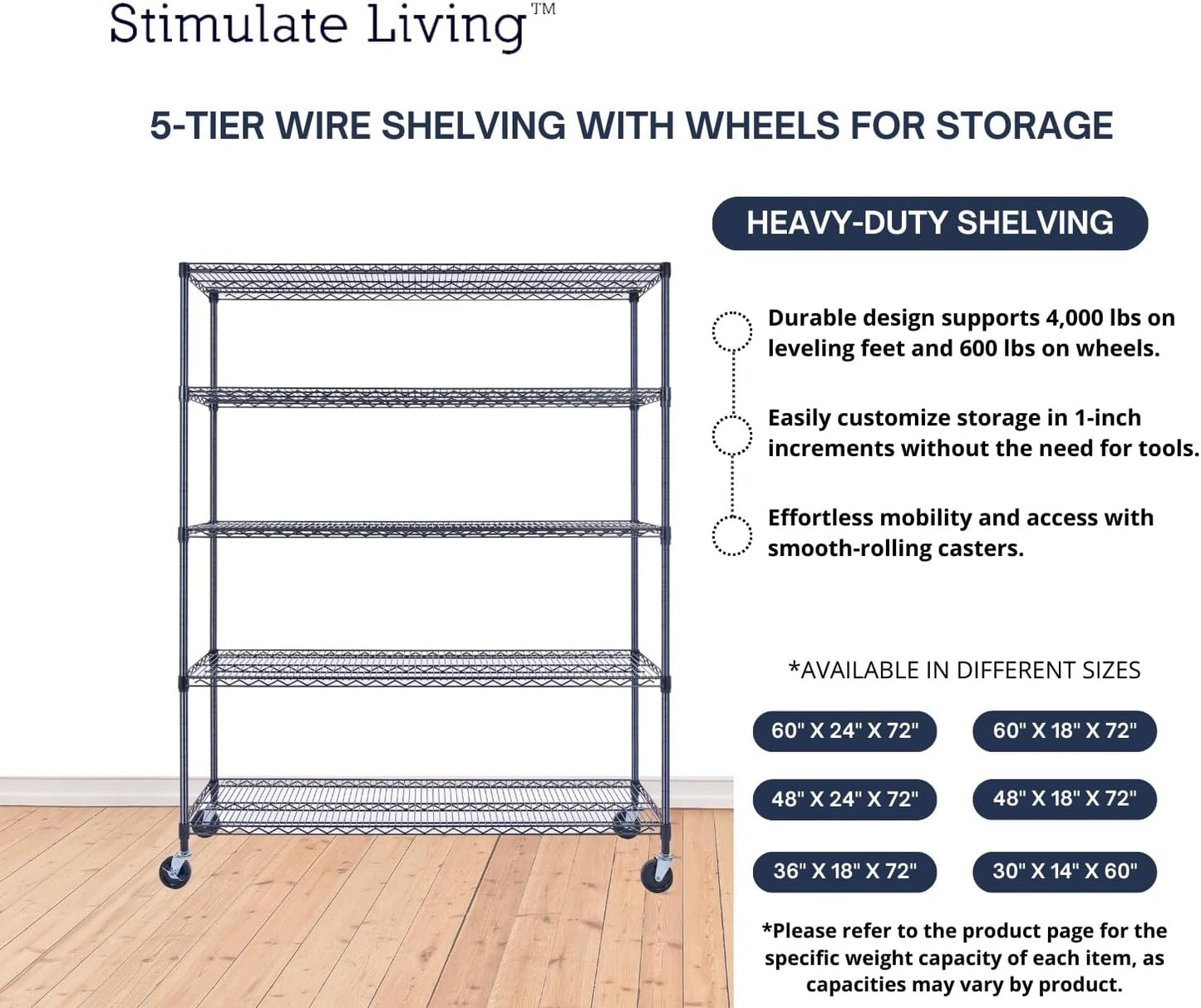 60"x18"x72" Prime Heavy Duty Black 5-Tier Wire Shelving NSF 4000 LBS MAX Capacity Storage Rack for Commercial, Hospital, School, Garage, and Kitchen Uses (with Wheels) - NestledHome