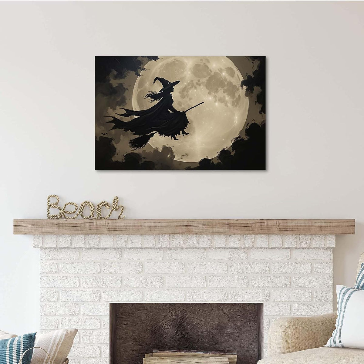 Full moon witch silhouette poster witch on magic broom Halloween mural poster decorative mural art suitable for home living room bedroom24x36in Wood Framed