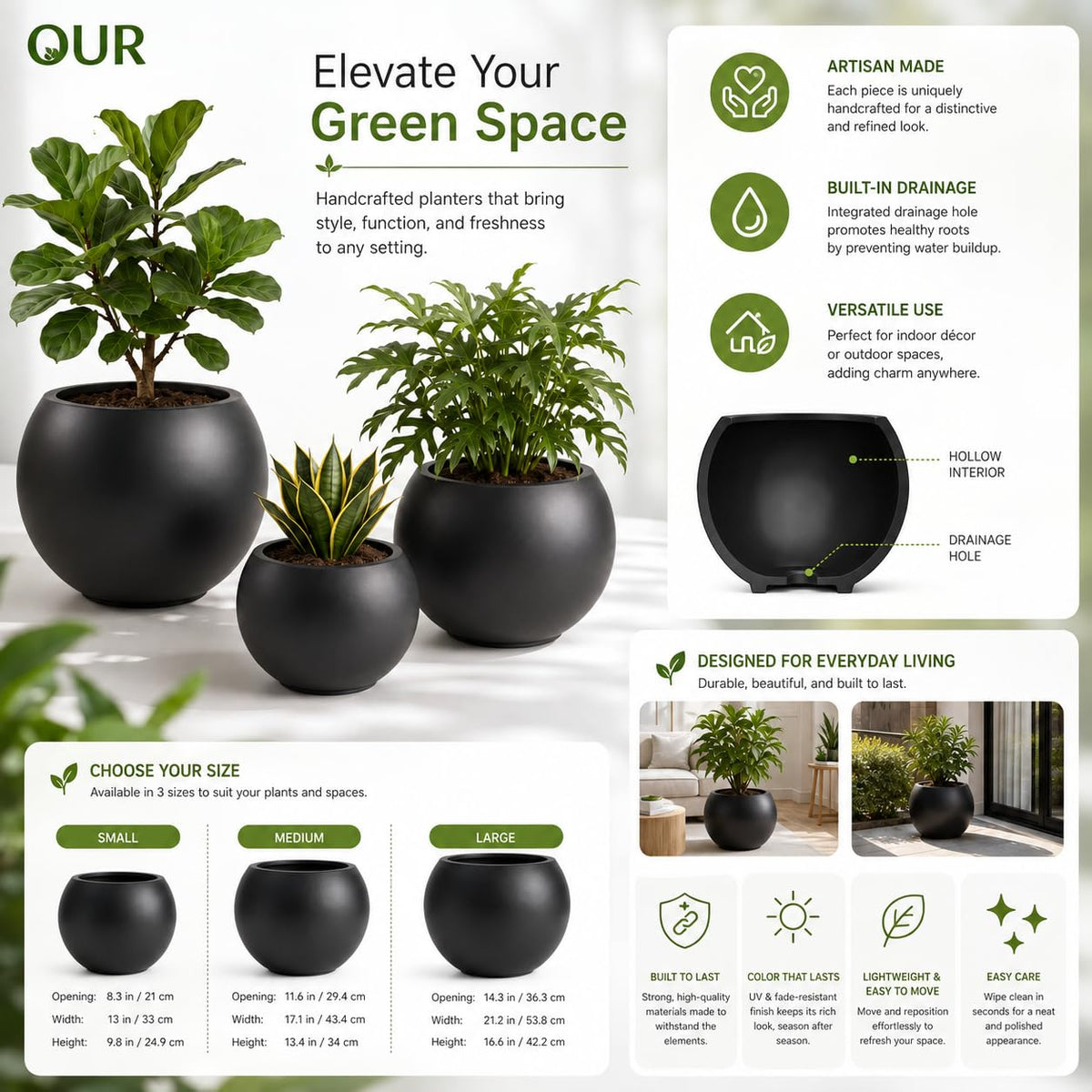 Fiberstone Large Round Planter for Indoor Outdoor Use