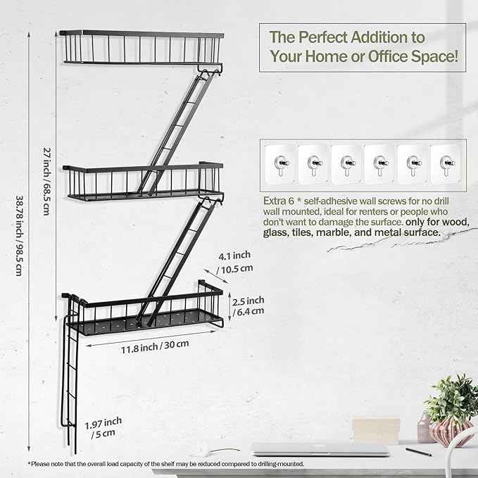 Fire Escape Wall Shelf - New York Decorative Ladder Shelf, Wall Art Floating Shelf Black Metal Shelves for Bedroom, Home Office Storage and Display (3-Tier)
