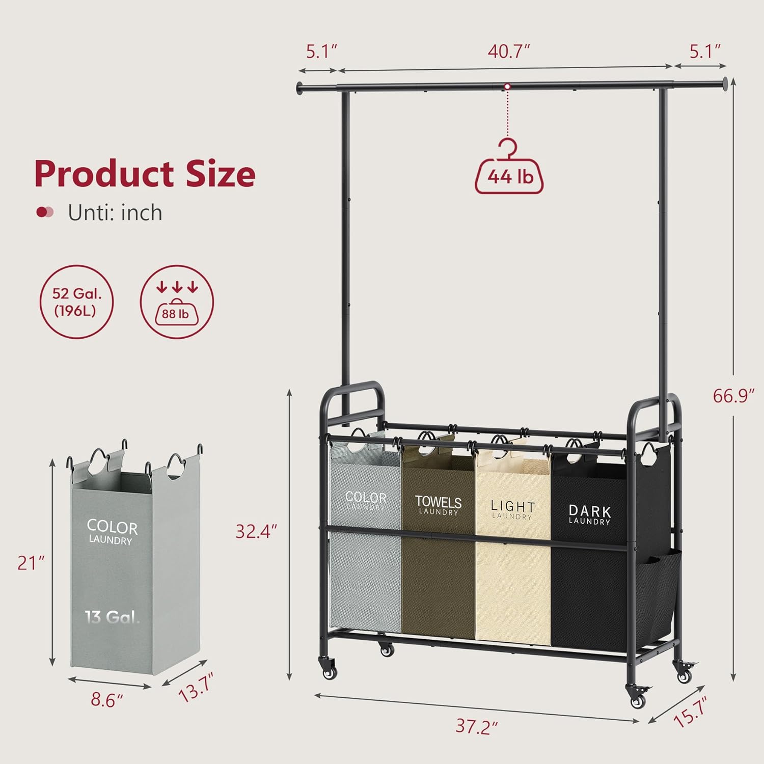 Tajsoon Laundry Sorter Cart with Hanging Clothes Rack, 4 Butler Sorter Basket Organizer, Laundry Hamper Cart with Heavy Duty Rolling Lockable Wheels, 4 Colors - NestledHome