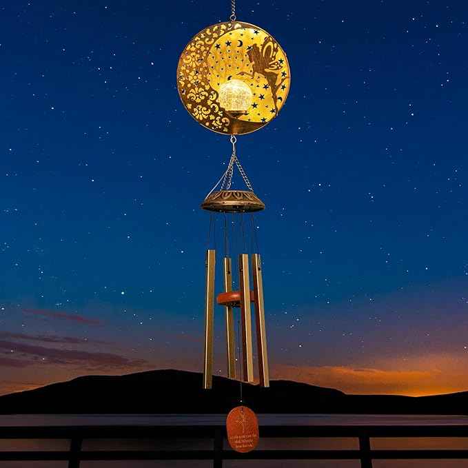 Tryme Wind Chimes Outdoor Fairy Hanging Solar Lights with 4 Aluminum Tubes, Moon Yard Decorations for Patio, Porch, Deck, Perfect Gardening Gifts for Women