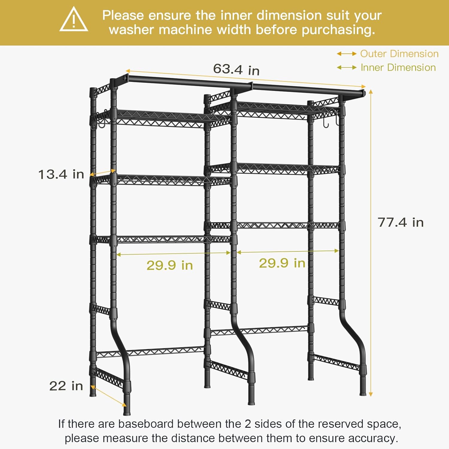 Ulif U13 Over Washer and Dryer Storage Shelves, 6 Tiers Laundry Room Standing Shelf with 2 Hanger Rods, Space Saver Clothes Drying Rack, 63.4" W x 22" D x 77.4" H, Black - NestledHome