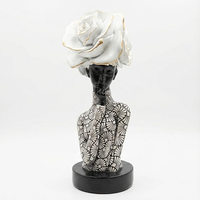 African Woman Sculpture with White Rose Headdress, Black and White Resin Statues, Modern Abstract African Art Statue for Home Decor Shelf Table Office Display
