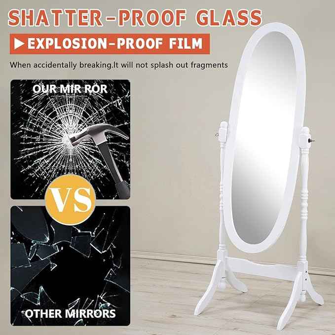 Full Length Mirror with Stand, Swivel Adjustable Oval Wood Cheval Floor Mirror, Dressing Cheval Mirror for Bedroom Livingroom, Interior Gift Idea (White)