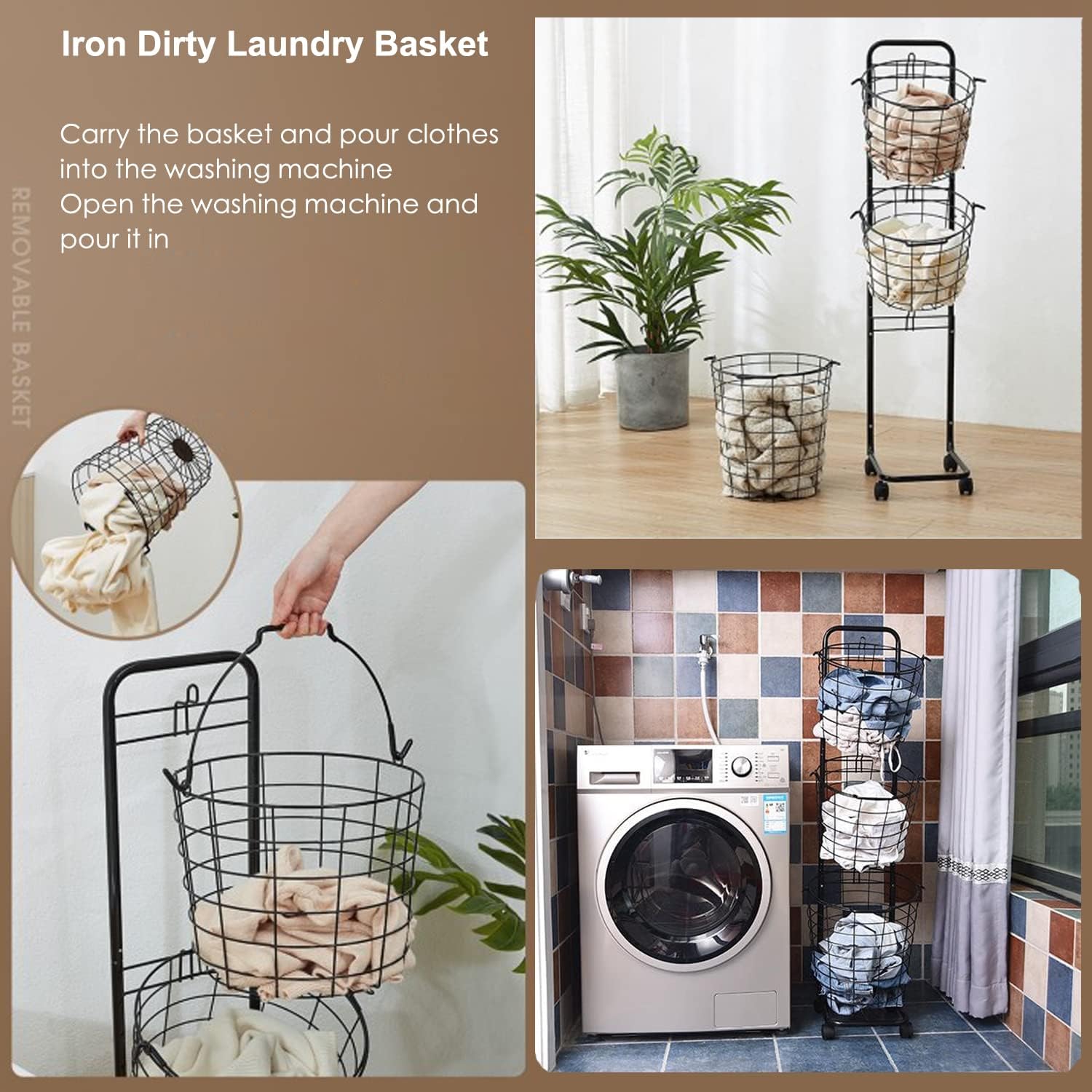 3 Tier Laundry Basket with Rolling Lockable Wheels Wire Metal Sorter Storage Trolley Shelf Basket Durable Metal Sorter Clothes Storage Trolley Shelf with Removable Hamper for Organizing Clothes - NestledHome