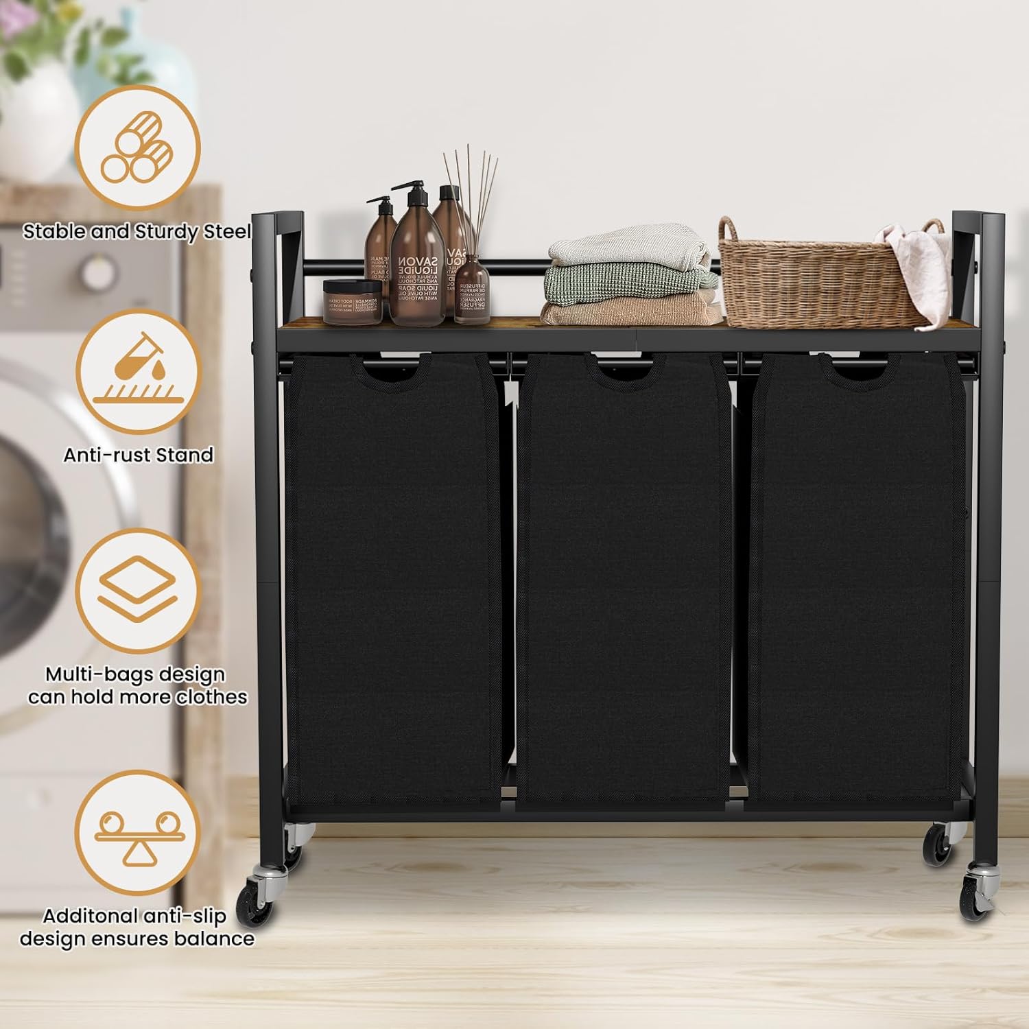 Laundry Hamper, Laundry Basket, Laundry Sorter with 3 Removable Bags, Clothes Basket with 3 Compartments, Wheels, Shelf for Laundry Room Bathroom Bedroom (3 Bags-Black) - NestledHome