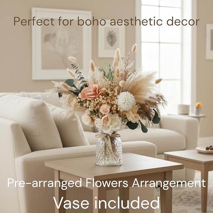 Luxury Floral Arrangement with Vase - Pampas Grass & Artificial Flowers for Kitchen Island, High End Centerpiece Decor, Coffee Table & Dining Table, Farmhouse Boho Home Decor with Dried Flowers