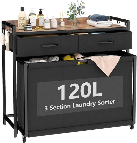 Laundry Hamper Laundry Basket with 3 Section Pull-Out Rolling Bags, Laundry Sorter for Organization and Storage with 2 Pull-Out Drawers for Laundry Room, Bathroom, Bedroom Use (Rustic Brown) - NestledHome