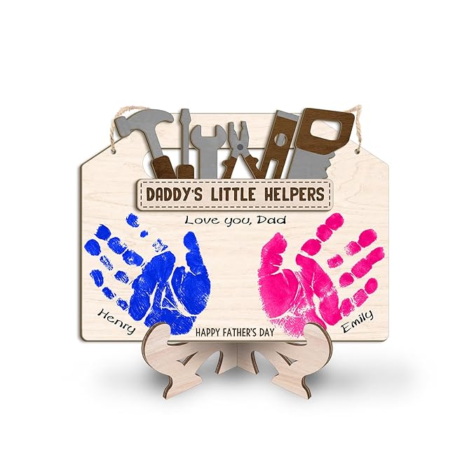 DIY Daddy's Little Helpers Tool Box Craft Plaque Baby Handprint Gifts for Mechanic Dad, First Fathers Day Art Craft Sign for Mechanic Papa, Daddy's Toolbox Tool Set Craft with Kids Handprint Keepsake