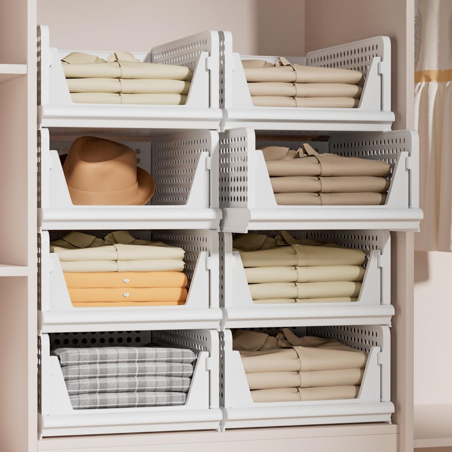 Stackable Plastic Storage Basket Closet Organizer Bin Foldable Clothes Organizer Storage Drawer Shelf Container for Living Room Bathroom Kitchen Office Laundry Room - NestledHome