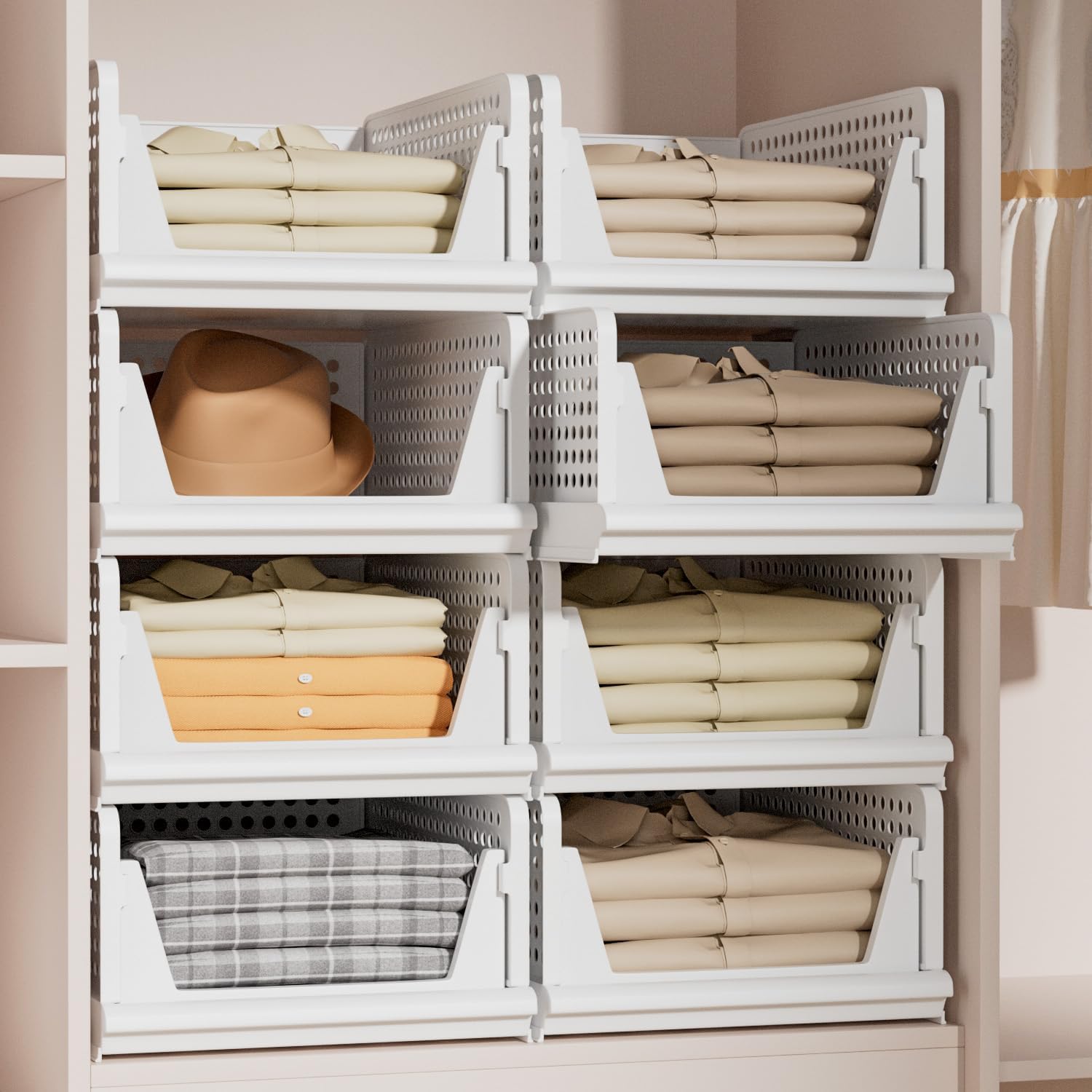Stackable Plastic Storage Basket Closet Organizer Bin Foldable Clothes Organizer Storage Drawer Shelf Container for Living Room Bathroom Kitchen Office Laundry Room - NestledHome