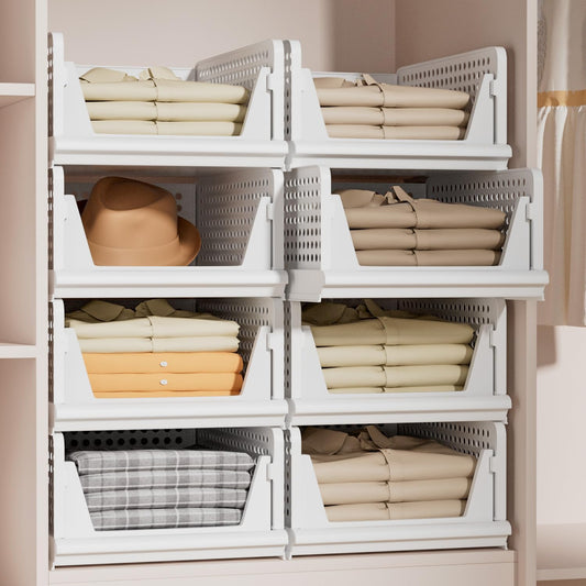 Stackable Plastic Storage Basket Closet Organizer Bin Foldable Clothes Organizer Storage Drawer Shelf Container for Living Room Bathroom Kitchen Office Laundry Room - NestledHome