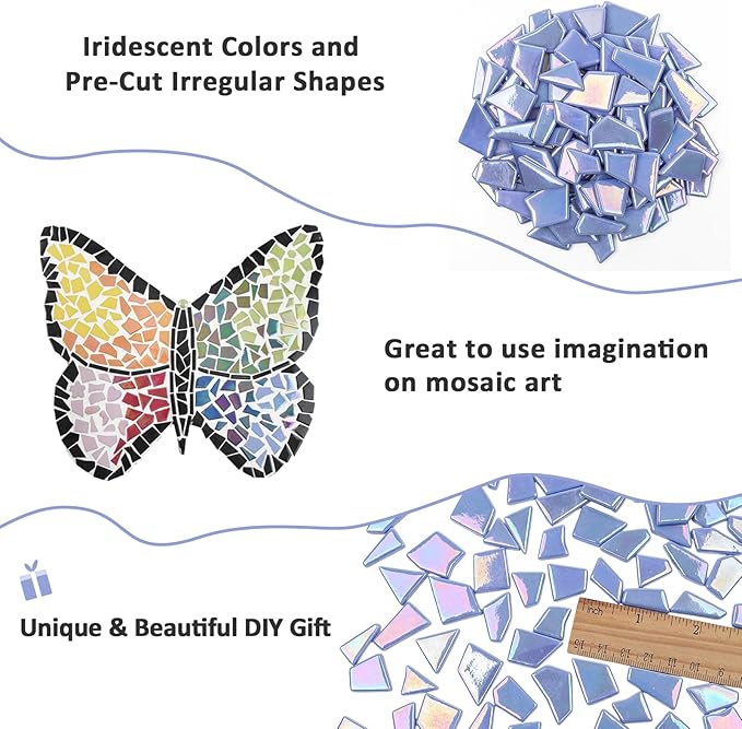 Youway Style Iridescent Glass Mosaic Tiles for Crafs Bulk,200g Sky Blue Broken Stained Glass Pieces for Crafts DIY Mosaic Art Decor,Garden Mosaic Supplies