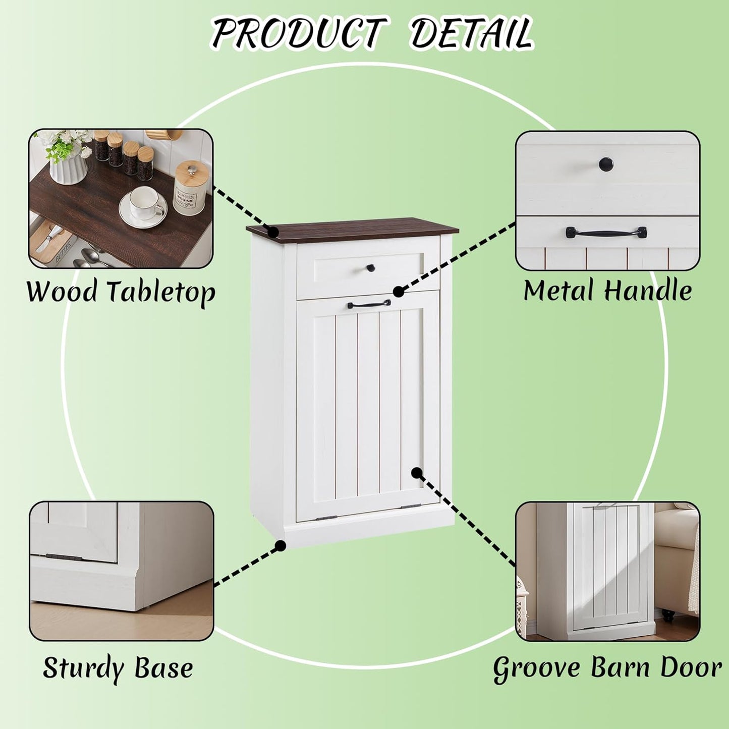 Tilt Out Laundry Hamper Cabinet, 10 Gallon Farmhouse Trash Can Cabinet with Drawer, Hidden Wood Garbage Can Bin Cabinet with Laundry Storage Basket for Bathroom, Kitchen, Antique White - NestledHome