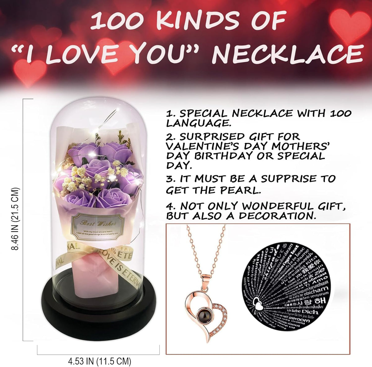 Gift for Her Forever Flower Bouquet for Delivery Prime Preserved Purple Roses Glass Dome LED Light 100 Languages I LOVE YOU Necklace Mothers Day Birthday Romantic Valentines Gift for Wife Women Mom