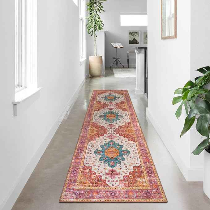 Moynesa Ultra-Thin Washable Rug - 2'6" x 10' Pink Long Hallway Carpet, Vintage Non Skid Non Shedding Low Pile Bedroom Mat for Girl's Room, Bathroom, Kitchen