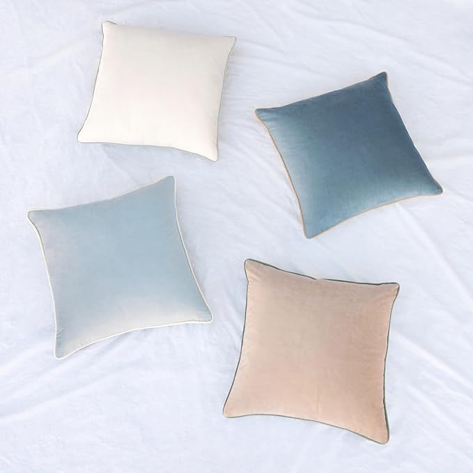 MONDAY MOOSE Decorative Throw Pillow Covers Cushion Cases, Set of 4 Soft Velvet Modern Double-Sided Designs, Mix and Match for Home Decor, Pillow Inserts Not Included (16x16 inch, Beige/Light Blue)