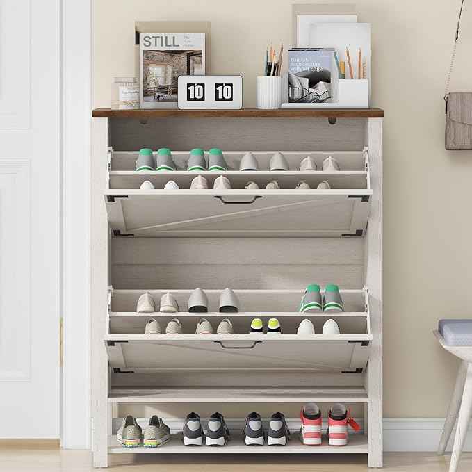 Vabches Shoe Storage Cabinet, Farmhouse Freestanding Organizer with 2 Flip Drawers, Wooden Hidden Narrow Slim Shoe Rack Cabinet for Entryway, Hallway, Foyer, White