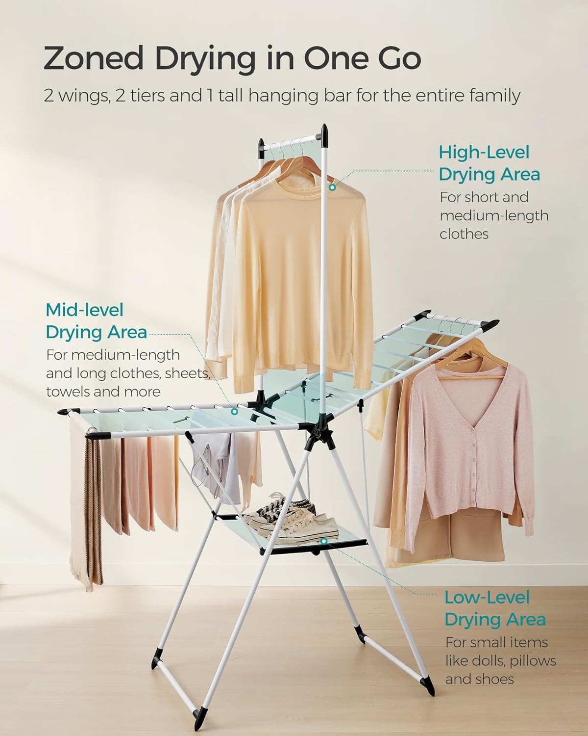 SONGMICS Clothes Drying Rack, Foldable 2-Level Laundry Drying Rack, Free-Standing Airer, 1 Additional Tall Hanging Bar, 2 Height-Adjustable Wings, 24 Drying Rails, Space Savng, Simply White ULLR521W01 - NestledHome