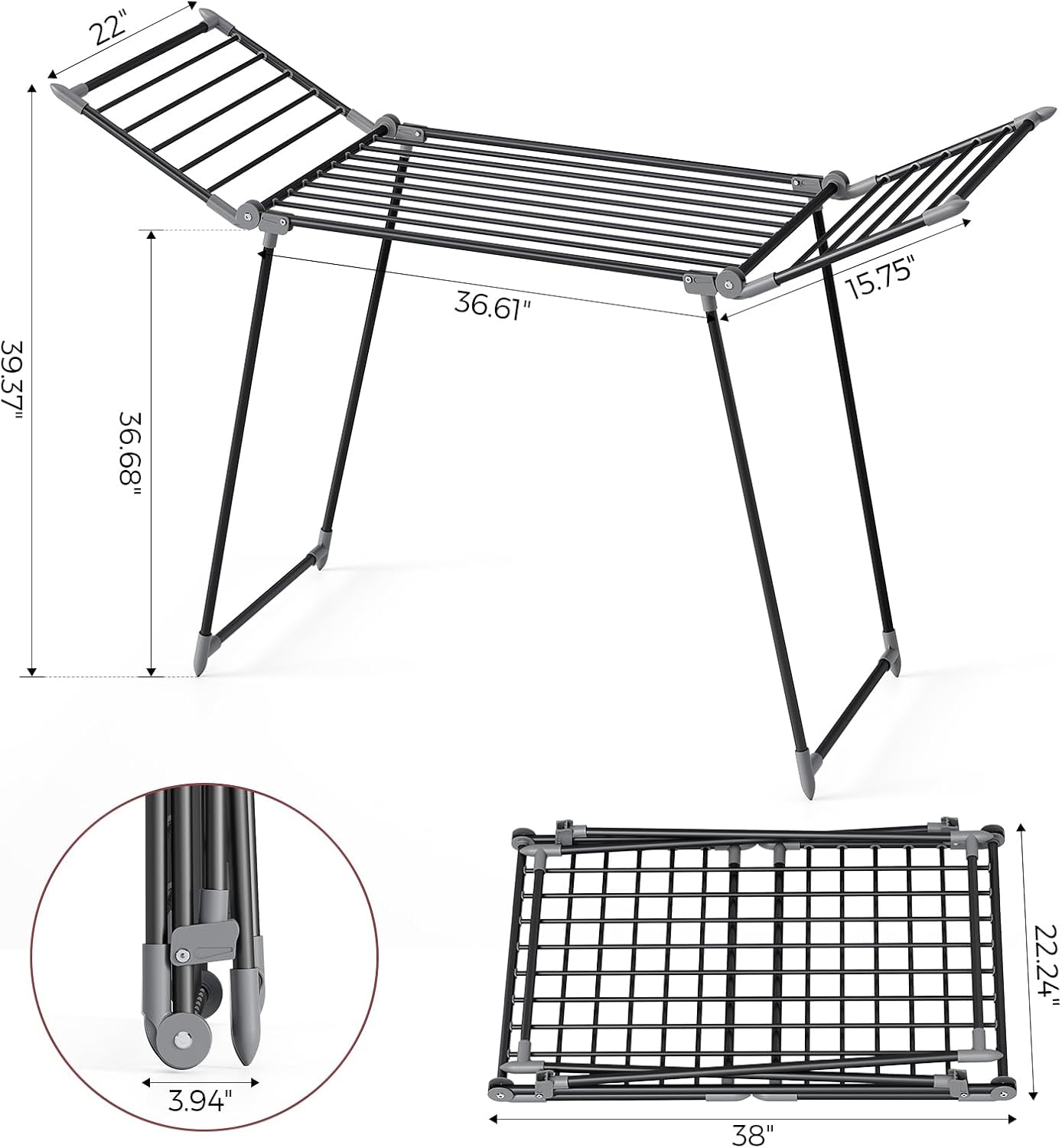 APEXCHASER Clothes Drying Rack Foldable, Large Drying Rack Clothing, Winged Laundry Rack Folding Indoor Outdoor, Metal Clothes Airer for Bedding Towel Sweater Heavy Duty, 68.9" X 23.6" X 41.3", Black - NestledHome